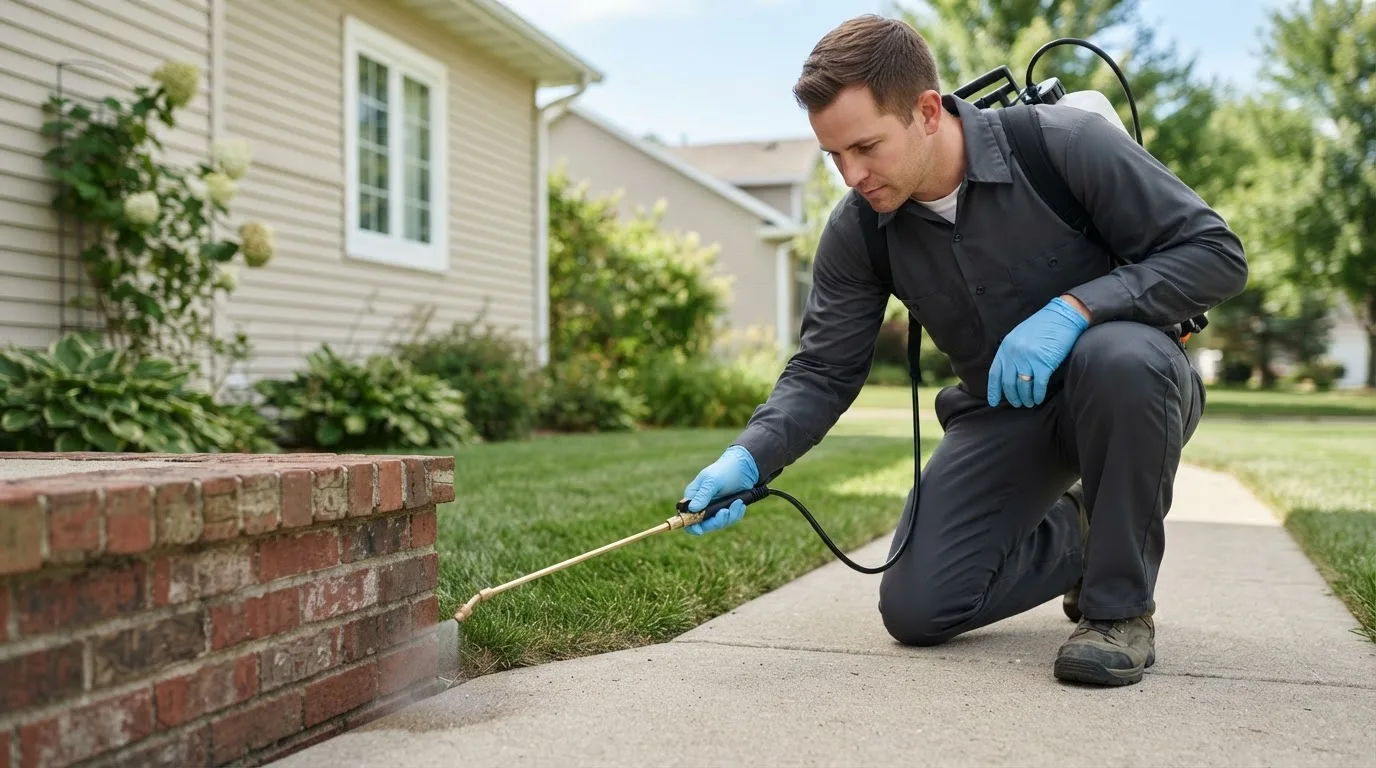 Pest control technician treating a home near Bethel, NC